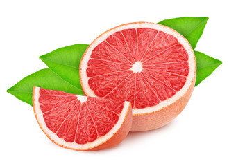 Half and slice of pink grapefruit with leaves isolated on white background.