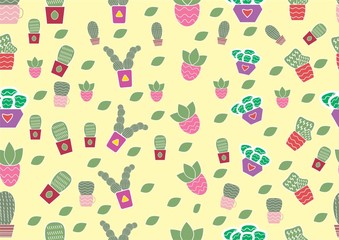 There are many cute cactus on the  background. Each cactus is on many styles of pots.The pots are different colors and patterns Cactus card,desert plants,vector and illustration design.