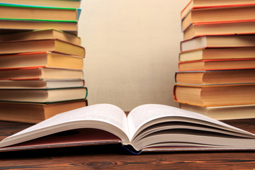 Education learning concept with opening book or textbook in old library, - Image