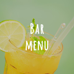 Mango mojito on the wooden pier. Concept of luxury tropical vacation. Classic cocktail. Toned, close up,right-side incline, square. Bar menu wording