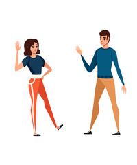 Meeting of two friends man and women meeting cartoon character design flat vector illustration isolated on white background