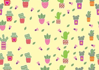 There are many cute cactus on the  background. Each cactus is on many styles of pots.The pots are different colors and patterns Cactus card,desert plants,vector and illustration design.