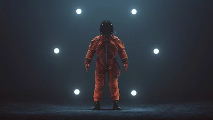 Poster Astronaut in een oranje geavanceerde bemanning Escape Space Suit met zwart vizier staande in een buitenaardse leegte 3d illustratie 3d render © paul