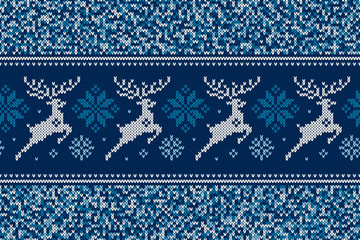 Winter Holiday Seamless Knitting Pattern with Christmas Reindeer and Snowflakes. Wool Knit Sweater Design