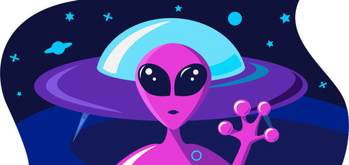 Extraterrestrial greets welcome hand concept. Invitation card on a space theme with a portrait of a purple alien and flying saucer ship spacecraft on surface the planet. Copy space vector illustration