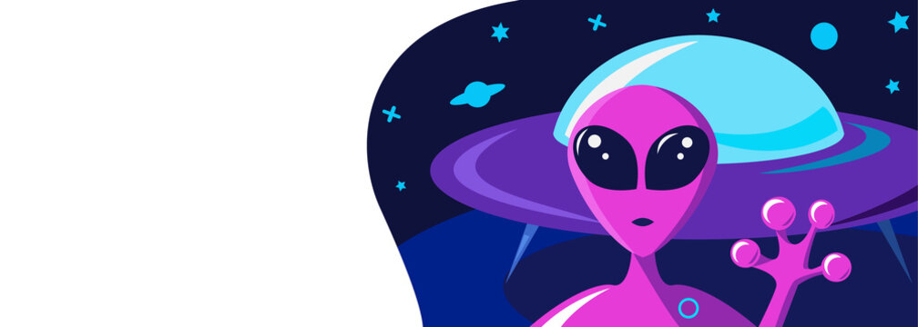 Greeting card on a fantasy space theme with a portrait of a purple alien and flying saucer ship.Spacecraft on the planet, starry sky of the galaxy. vector illustration. Invitation to zone 51 - Powered by Adobe