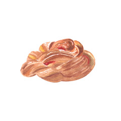 Sweet sugar bun with jam and rooster shaped lollipop isolated on white background. 