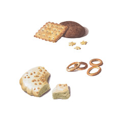 A set of sweet cookies and crackers, small donuts. Watercolor illustration.