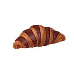 Set of beautiful sweets drawn by hand. Watercolor illustration. Croissant with chocolate icing, donuts with white icing and multicolored sprinkling.
