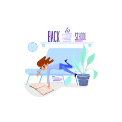 Boy lying on the couch reading a book, against the background of a banner - back to school