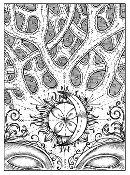 Crossroad. Black and white mystic concept for Lenormand oracle tarot card.