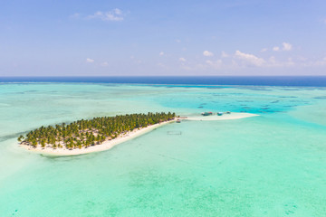 Fototapeta na wymiar Onok Island Balabac, Philippines. The island of white sand on a large atoll, view from above. Tropical island with palm trees. Seascape with a paradise island.