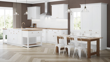 Modern house interior. Interior with white kitchen. 3D rendering.