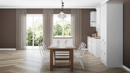 Modern house interior. Interior with white kitchen. 3D rendering.