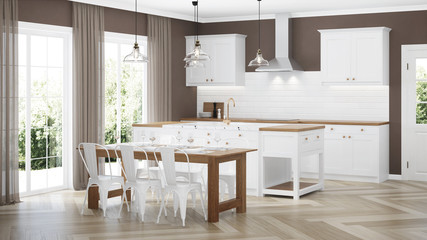Fototapeta na wymiar Modern house interior. Interior with white kitchen. 3D rendering.