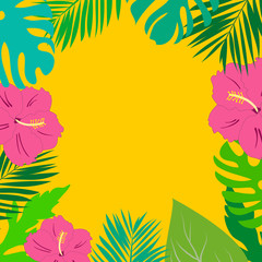 Fototapeta na wymiar Hand drawn sketch style summer tropical nature floral botanical frame. Palm leaves monstera plant of various shades of green fuchsia pink hibiscus flowers on yellow. Vacation beach party poster