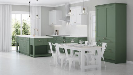 Modern house interior. Interior with green kitchen. 3D rendering.
