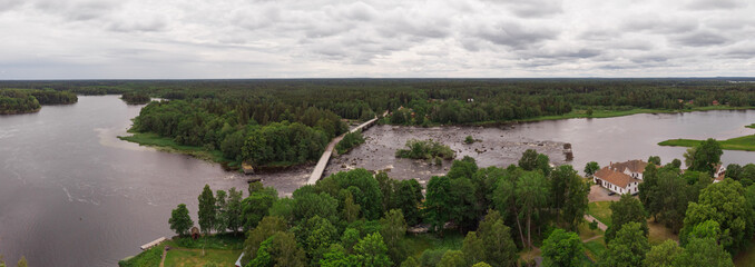 Aerial panorama view of Gysinge with the bridge over the river Dalälven and the entrance and information to the national park. 