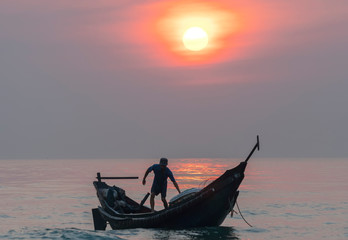 Fishermen out to sea fishing in the morning on the beautiful bays promise many fish collection cover economic livelihoods in Hue, Vietnam