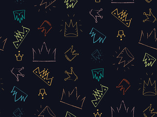 Seamless pattern with rainbow colorful crowns. Hand drawn tiaras logo set isolated on black background. Doodle illustration in sketching style, pop art element, abstract fashion concept. Diadem icon. © Diana  Sityaeva 