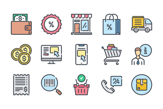 Ecommerce related color line icon set. Web store colorful linear icons. Online shopping flat color outline vector sign collection.