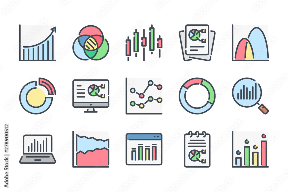 Wall mural chart and graph related color line icon set. analytics colorful linear icons. report and diagram fla