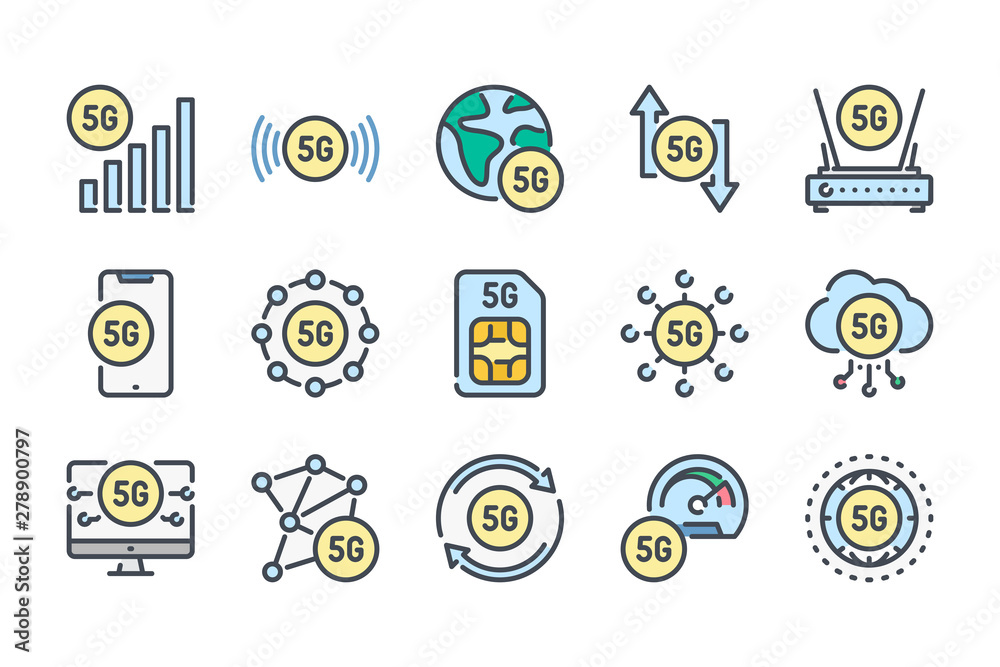 Poster 5g network related color line icon set. high speed internet connection colorful linear icons. genera