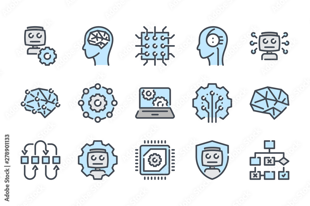 Poster artificial intelligence related color line icon set. machine learning and robot machine colorful lin