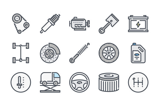 Car service related color line icon set. Car repair and inspection colorful linear icons. Car parts flat color outline vector sign collection.