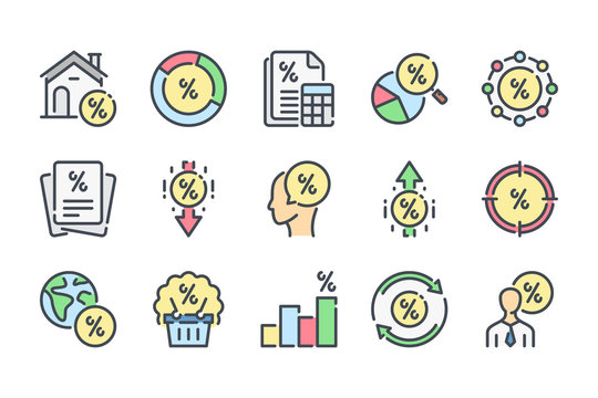 Financial interest related color line icon set. Debt and loan colorful linear icons. Credit and lending money flat color outline vector sign collection.