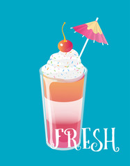 Cocktail jelly shot with cream and cherry on top. Fresh sweet drink ads concept. Vector illustration.