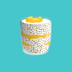 Chea seed pudding. Healthy vegan snack in glass with mango slices. Vector illstration isolated on blue background.