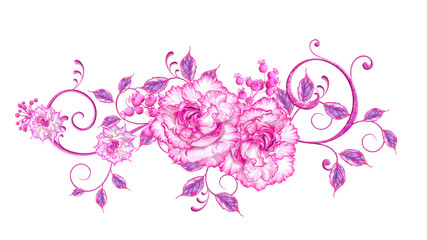 Flower arrangement of delicate pink roses, lilac leaves, openwork curls, vintage retro style. Isolated on white background.