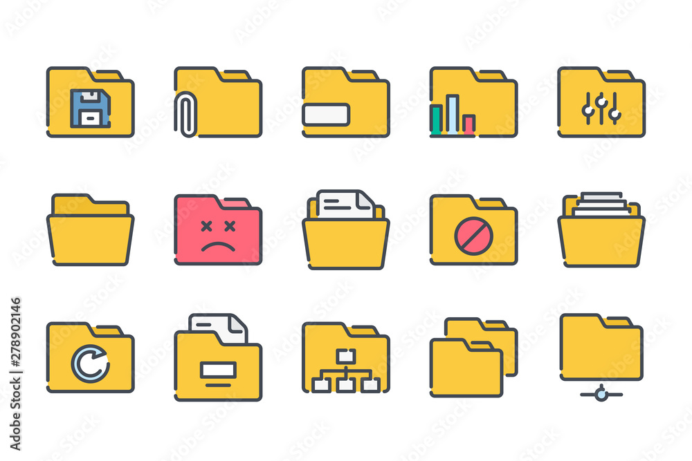 Poster folder related color line icon set. document archive colorful linear icons. file organization flat c