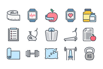 Fitness related color line icon set. Gym exercises colorful linear icons. Sport and training flat color outline vector sign collection.