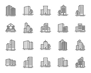 Buildings line icons. Bank, Hotel, Courthouse. City, Real estate, Architecture buildings icons. Hospital, town house, museum. Urban architecture, city skyscraper, downtown. Vector