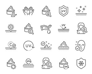 Skin care line icons. Collagen, Cream, Serum oil and Skincare. Face sun lotion gel, Uv protection, vitamin E icons. Night face skin care cream protection. Skincare cosmetic. Vector