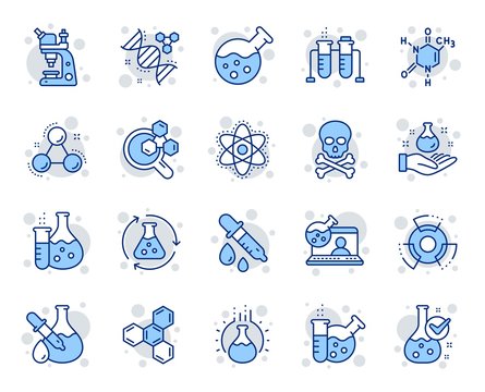 Chemistry lab line icons. Chemical formula, Microscope and Medical analysis. Laboratory test flask, reaction tube, chemistry lab icons. Microscopic research, toxic radiation. Vector