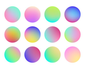 Holographic gradient sphere button. Multicolor fluid circle gradients, colorful soft round button. Vivid color spheres set. Flat vector