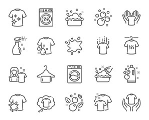Fototapeta premium Laundry line icons. Dryer, Washing machine and dirt shirt. Laundromat, hand washing, soap bubbles in basin icons. Dry t-shirt, laundry service, dirty smudge spot. Clean clothes. Vector
