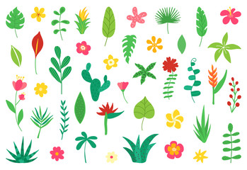 Tropical flowers and leaves collection. Exotic elements for summer beach party. Floral design isolated on white background. Hawaiian bouquet for card, wedding, wallpaper, flyer. Vector illustration
