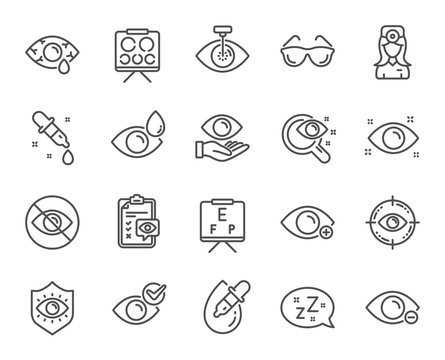 Optometry, Eye doctor line icons. Medical laser surgery, glasses and eyedropper. Pink eye, Cataract surgery and allergy icons. Vision exam problem, optician board, oculist chart. Vector