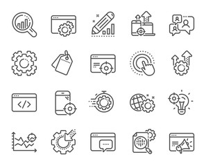 Seo line icons. Website stats, Target and Increase sales signs. Traffic management, social network and seo optimization icons. Gear wheel, Search engine and increase mobile sales. Vector