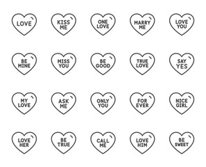 Sweet heart line icons. Sweetheart for valentines day, love heart, romantic message. Marry me, call me, one love icons. Valentine flirt, nice girl, be mine dating message. Vector