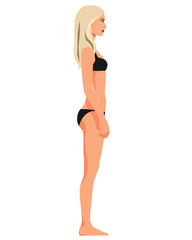 Vector illustration of woman in underwear on the white background. Vector cartoon realistic people illustration. Flat young woman.  Side view. Slim girl