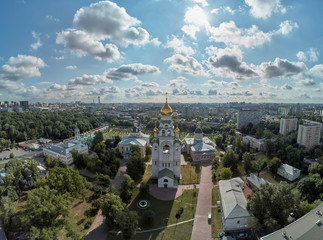 Orthodox cathedrals in architecture-historical ensemble Rogozhskaya sloboda in Moscow, Russia. Aerial drone view.