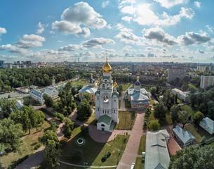 Fototapeta premium Orthodox cathedrals in architecture-historical ensemble Rogozhskaya sloboda in Moscow, Russia. Aerial drone view.