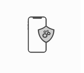 Smartphone web icon with settings icon, gears - software protection. Smartphone security vector illustration, flat mobile phone with protected check mark shield, secure connection notification