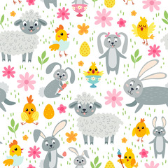 Easter seamless pattern. Holiday vintage background with cartoon Easter symbol.