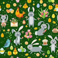 Naklejka premium Easter seamless pattern. Holiday vintage background with cartoon Easter symbol.
